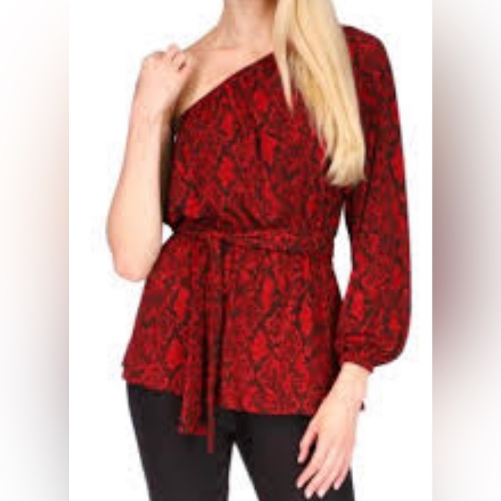Michael Kors, red and black snake print, one shoulder top. Muti sizes